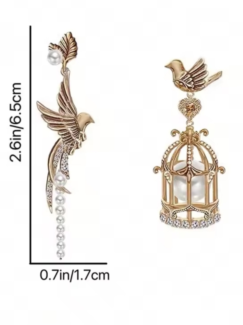 Vintage Gold Bird Pearl Earrings with Crystal Birdcage Charm - Picture 5 of 7